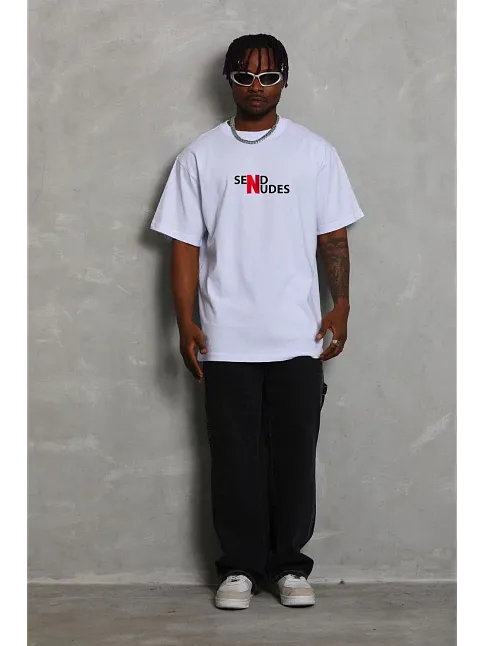Unisex Bisiklet Yaka Double Oversize Baskılı T-shirt - Beyaz
