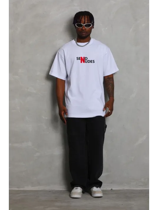 Unisex Bisiklet Yaka Double Oversize Baskılı T-Shirt - Beyaz Unisex Bisiklet Yaka Double Oversize Baskılı T-Shirt - Beyaz