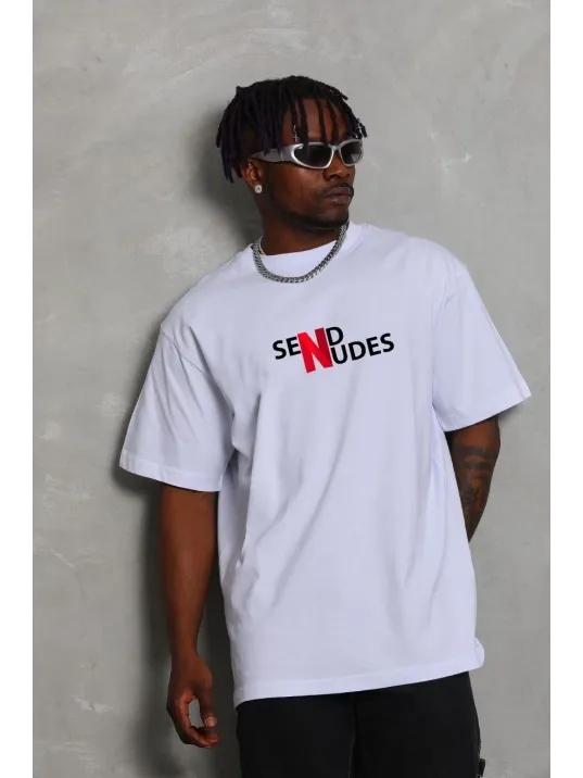 Unisex Bisiklet Yaka Double Oversize Baskılı T-Shirt - Beyaz Unisex Bisiklet Yaka Double Oversize Baskılı T-Shirt - Beyaz