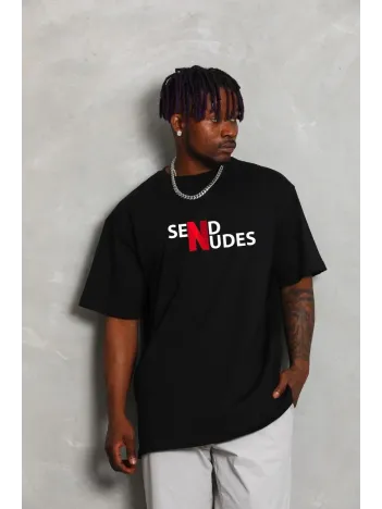 Unisex Bisiklet Yaka Double Oversize Baskılı T-Shirt - Siyah Unisex Bisiklet Yaka Double Oversize Baskılı T-Shirt - Siyah