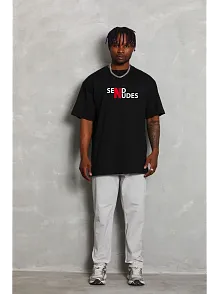Unisex Bisiklet Yaka Double Oversize Baskılı T-shirt - Siyah