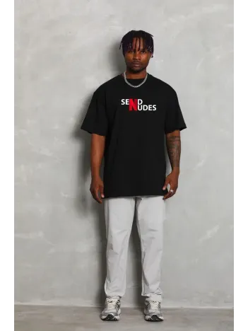 Unisex Bisiklet Yaka Double Oversize Baskılı T-Shirt - Siyah Unisex Bisiklet Yaka Double Oversize Baskılı T-Shirt - Siyah