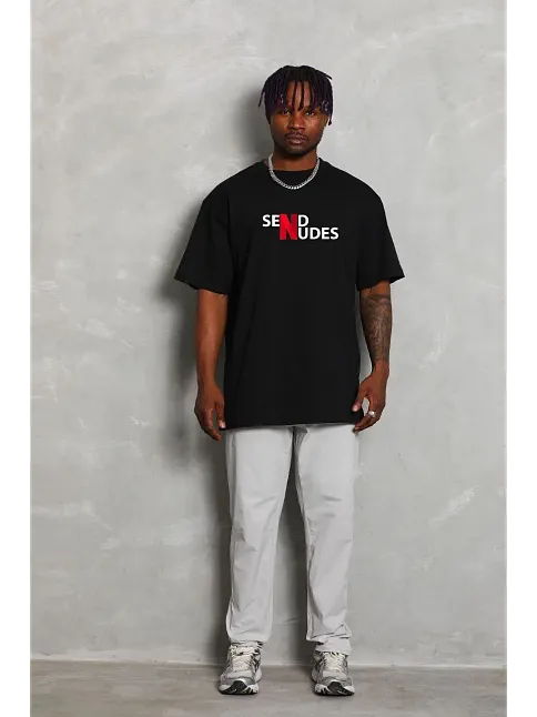Unisex Bisiklet Yaka Double Oversize Baskılı T-shirt - Siyah