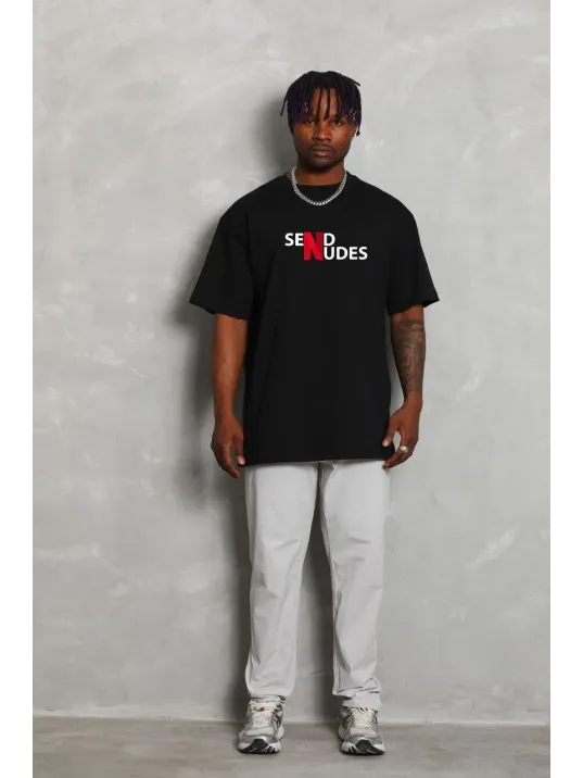 Unisex Bisiklet Yaka Double Oversize Baskılı T-Shirt - Siyah Unisex Bisiklet Yaka Double Oversize Baskılı T-Shirt - Siyah