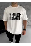 Unisex Bisiklet Yaka Katlanan Baskılı T-shirt - Beyaz