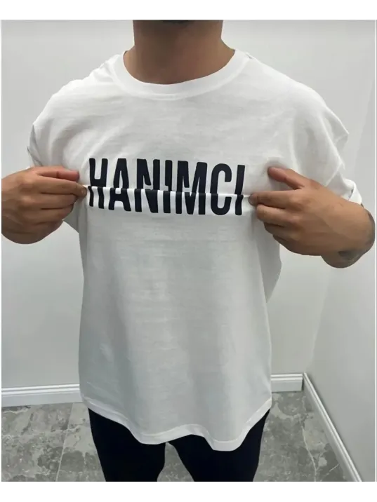 Unisex Bisiklet Yaka Katlanan Baskılı T-Shirt - Beyaz Unisex Bisiklet Yaka Katlanan Baskılı T-Shirt - Beyaz