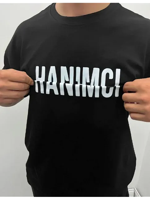 Unisex Bisiklet Yaka Katlanan Baskılı T-shirt - Siyah