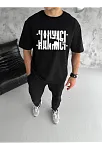 Unisex Bisiklet Yaka Katlanan Baskılı T-shirt - Siyah