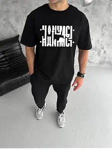 Unisex Bisiklet Yaka Katlanan Baskılı T-shirt - Siyah