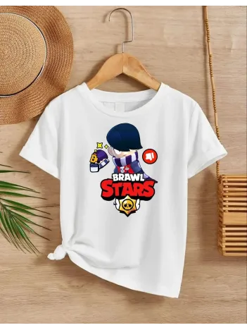 Unisex Bisiklet Yaka Kısa Kol Baskılı Çocuk T-shirt - Beyaz