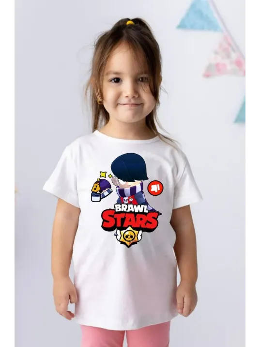 Unisex Bisiklet Yaka Kısa Kol Baskılı Çocuk T-shirt - Beyaz