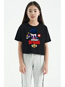 Unisex Bisiklet Yaka Kısa Kol Baskılı Çocuk T-shirt - Siyah
