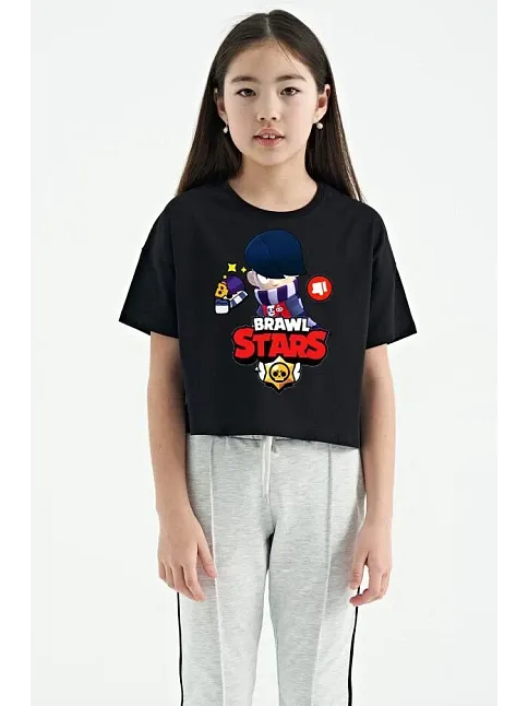 Unisex Bisiklet Yaka Kısa Kol Baskılı Çocuk T-shirt - Siyah
