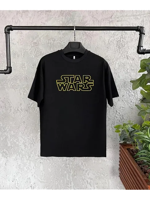 Unisex Bisiklet Yaka Kısa Kol Baskılı T-shirt - Siyah
