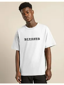 Unisex Bisiklet Yaka Oversize Baskılı T-shirt - Beyaz