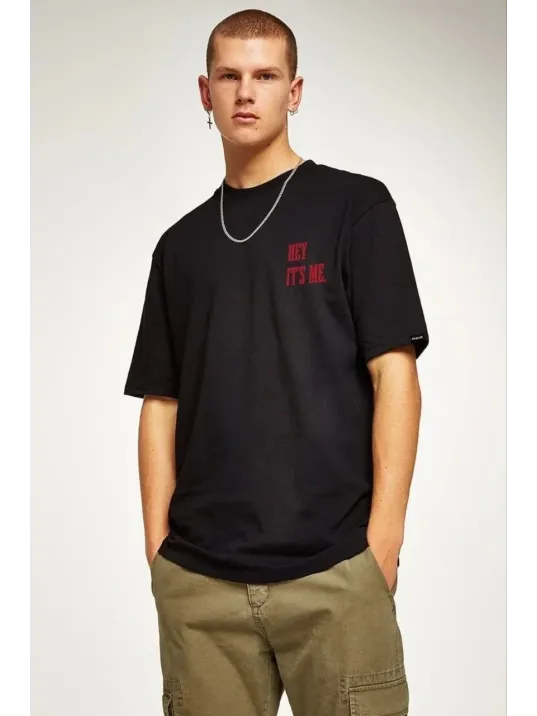 Unisex Bisiklet Yaka Oversize Baskılı T-Shirt - Siyah Unisex Bisiklet Yaka Oversize Baskılı T-Shirt - Siyah