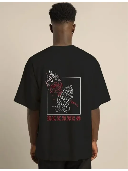 Unisex Bisiklet Yaka Oversize Baskılı T-Shirt - Siyah