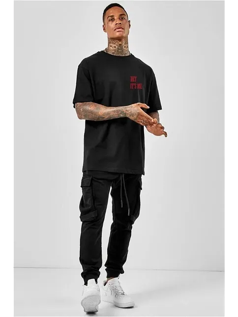 Unisex Bisiklet Yaka Oversize Baskılı T-shirt - Siyah
