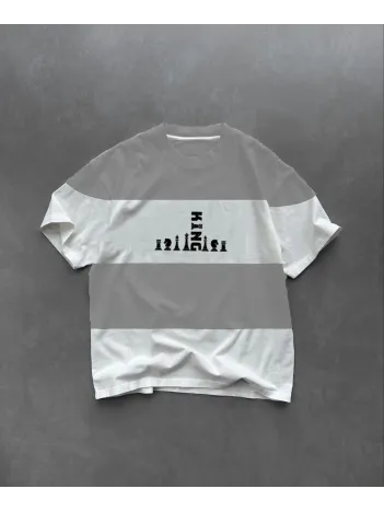 Unisex Bisiklet Yaka Baskılı Parçalı Oversize T-Shirt - Gri Unisex Bisiklet Yaka Baskılı Parçalı Oversize T-Shirt - Gri