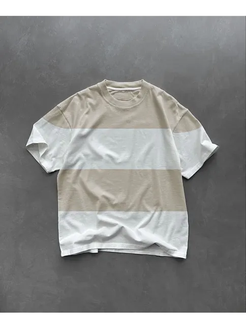 Unisex Bisiklet Yaka Parçalı T-shirt - Bej