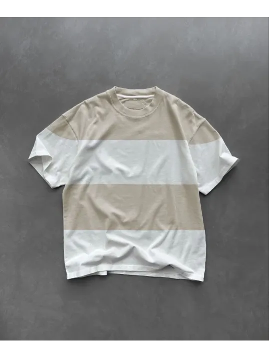 Unisex Bisiklet Yaka Parçalı T-Shirt - Bej Unisex Bisiklet Yaka Parçalı T-Shirt - Bej