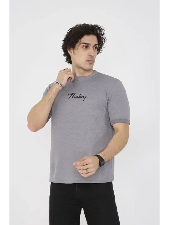 Unisex Bisiklet Yaka Slim fit T-Shirt- Gri