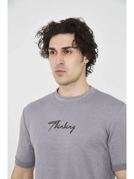 Unisex Bisiklet Yaka Slim fit T-Shirt- Gri