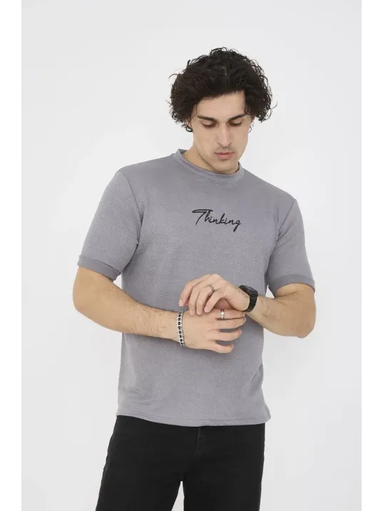 Unisex Bisiklet Yaka Slim fit T-Shirt- Gri