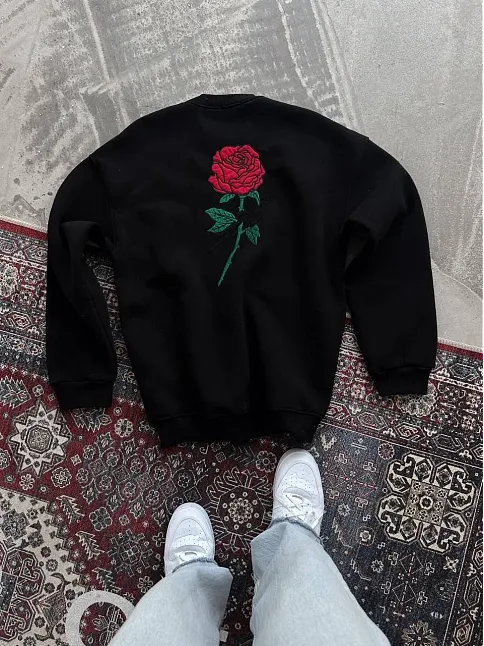 Unisex Bisiklet Yaka Ön Ve Arka Baskılı Sweatshirt - Siyah