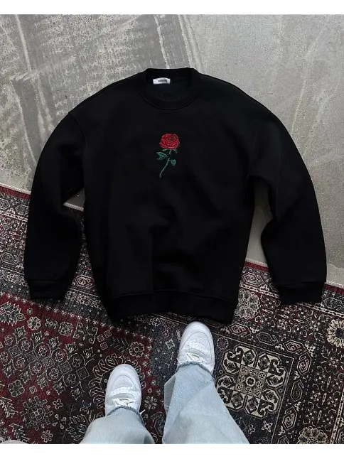 Unisex Bisiklet Yaka Ön Ve Arka Baskılı Sweatshirt - Siyah