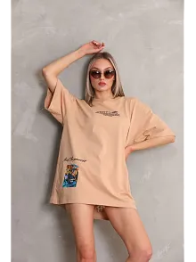 Unisex Bisiklet Yaka Baskılı Oversize T-shirt - Bej