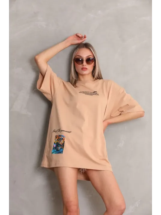 Unisex Bisiklet Yaka Baskılı Oversize T-shirt - Bej