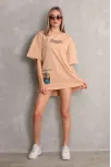 Unisex Bisiklet Yaka Baskılı Oversize T-shirt - Bej