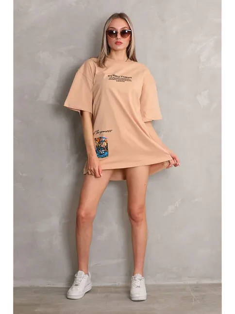 Unisex Bisiklet Yaka Baskılı Oversize T-shirt - Bej