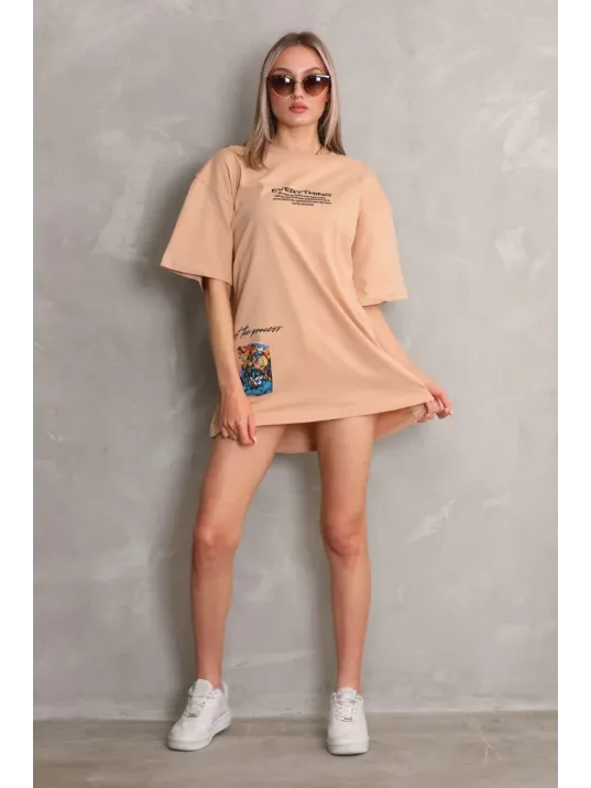 Unisex Bisiklet Yaka Baskılı Oversize T-shirt - Bej