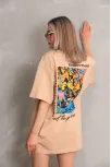 Unisex Bisiklet Yaka Baskılı Oversize T-shirt - Bej
