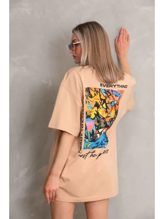 Unisex Bisiklet Yaka Baskılı Oversize T-shirt - Bej