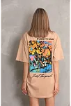 Unisex Bisiklet Yaka Baskılı Oversize T-shirt - Bej