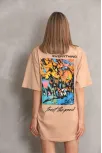 Unisex Bisiklet Yaka Baskılı Oversize T-shirt - Bej