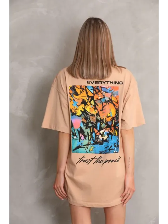 Unisex Bisiklet Yaka Baskılı Oversize T-shirt - Bej