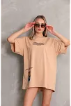Unisex Bisiklet Yaka Baskılı Oversize T-shirt - Bej