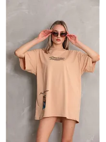 Unisex Bisiklet Yaka Baskılı Oversize T-shirt - Bej