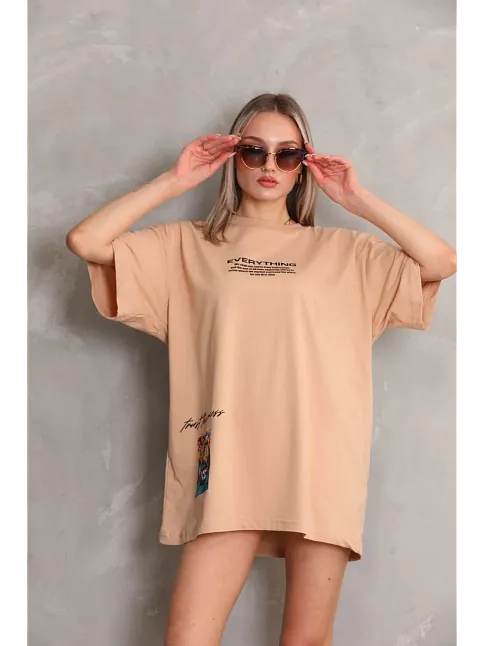 Unisex Bisiklet Yaka Baskılı Oversize T-shirt - Bej