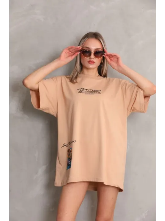 Unisex Bisiklet Yaka Baskılı Oversize T-shirt - Bej