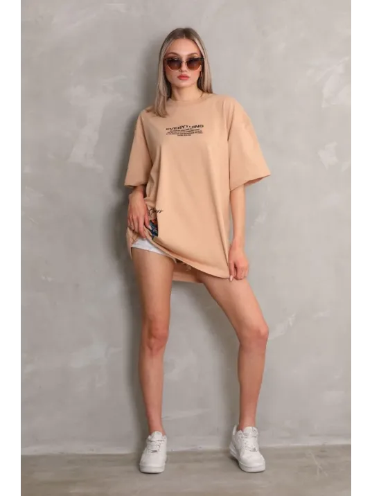 Unisex Bisiklet Yaka Baskılı Oversize T-shirt - Bej