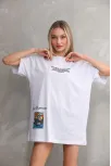 Unisex Bisiklet Yaka Baskılı Oversize T-shirt - Beyaz
