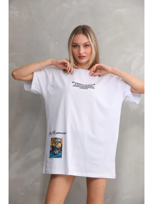 Unisex Bisiklet Yaka Baskılı Oversize T-Shirt - Beyaz Unisex Bisiklet Yaka Baskılı Oversize T-Shirt - Beyaz