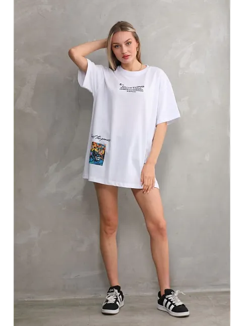 Unisex Bisiklet Yaka Baskılı Oversize T-shirt - Beyaz