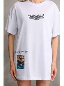 Unisex Bisiklet Yaka Baskılı Oversize T-shirt - Beyaz