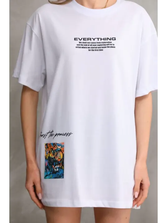 Unisex Bisiklet Yaka Baskılı Oversize T-Shirt - Beyaz